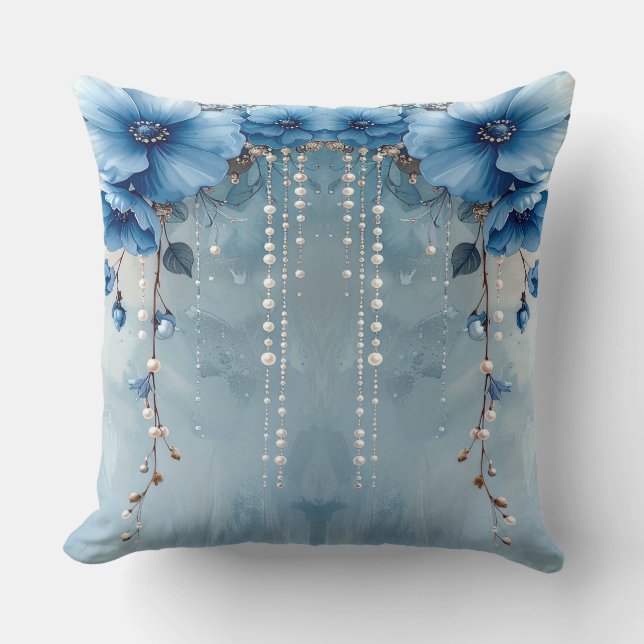 Blue Flowers and Pearls Throw Pillow Kudde (Framsida)