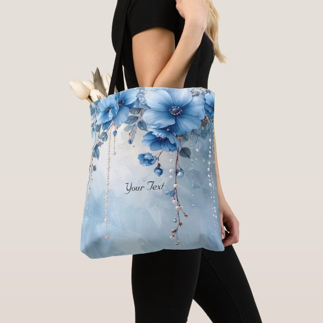 Blue Flowers and Pearls Tote Bag Tygkasse (Närbild)