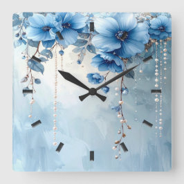 Blue Flowers and Pearls Wall Clock Fyrkantig Klocka