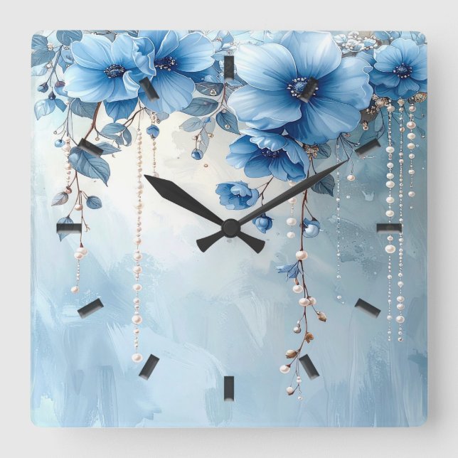 Blue Flowers and Pearls Wall Clock Fyrkantig Klocka (Framsida)