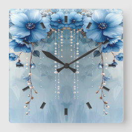 Blue Flowers and Pearls Wall Clock Fyrkantig Klocka