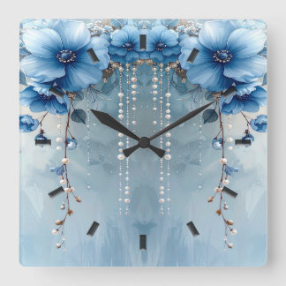 Blue Flowers and Pearls Wall Clock Fyrkantig Klocka