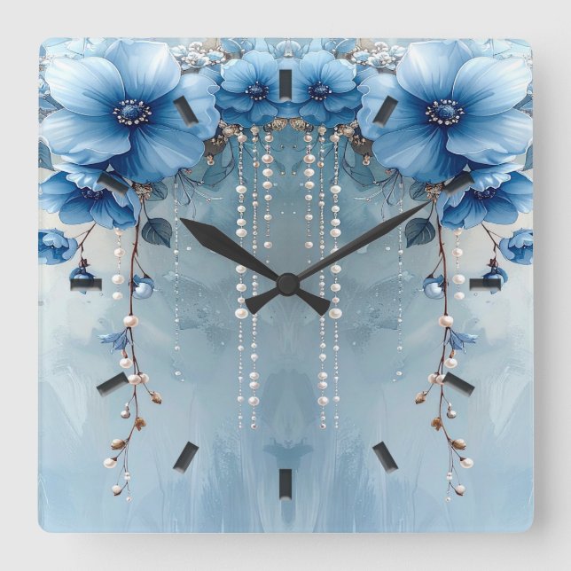 Blue Flowers and Pearls Wall Clock Fyrkantig Klocka (Framsida)