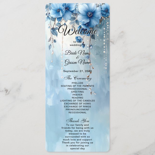 Blue Flowers and Pearls Wedding Program (Framsida)