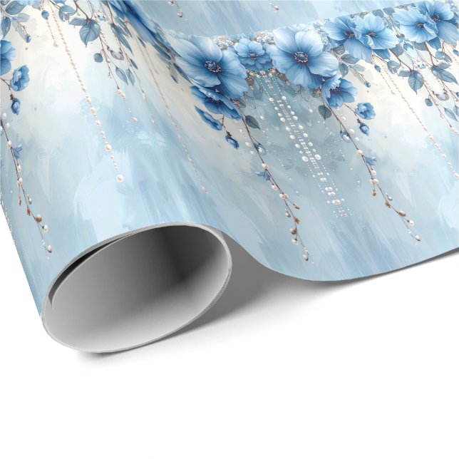 Blue Flowers and Pearls Wrapping Paper Presentpapper (Rullad Hörn)