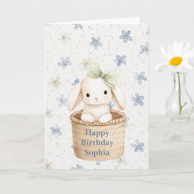 Blue Flowers Bunny in Basket Birthday Kort (Liten växt)