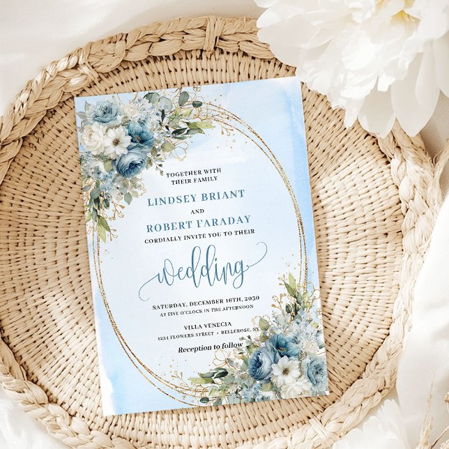 Blue Flowers Greenery Gold Glitter Wedding Invite Inbjudningar (Blue Flowers Greenery Gold Glitter Wedding Invitation)