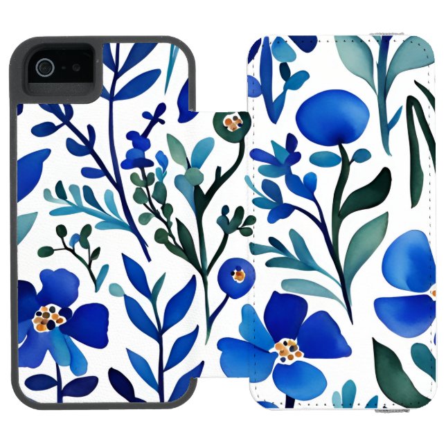 Blue Flowers Watercolor Art Pattern  Incipio iPhone Wallet Skal (Folio Öppen)
