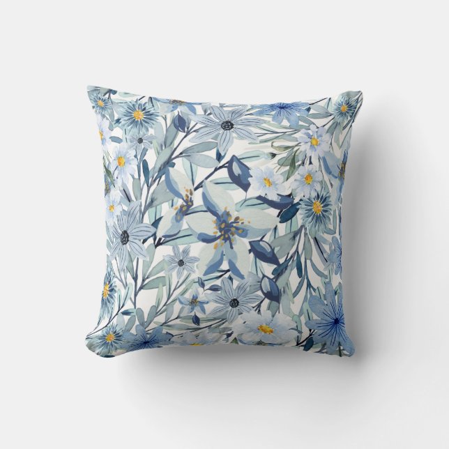 Blue Flowers Watercolor Floral Art  Kudde (Framsida)