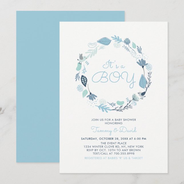 Blue Foliage | Cute Boy Par Baby Shower Inbjudningar (Fram/baksida)
