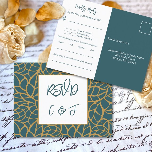 Blue Foliage Mönster Bröllop Menu Music OSA kort (Blue Foliage Pattern Wedding Menu Music RSVP Card)