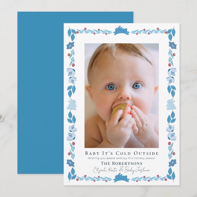 Blue Folk Art Baby Det är Kall utanför Photo Helgd Inbjudningar (Fram/baksida)