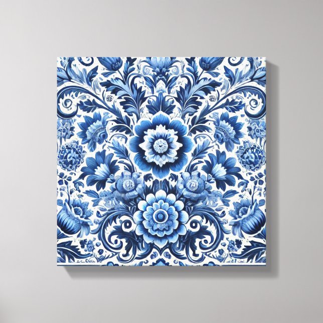 Blue Folk Blommönster Canvastryck (Framsida)