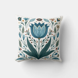 Blue Folk Tulip Dekorativ kudde