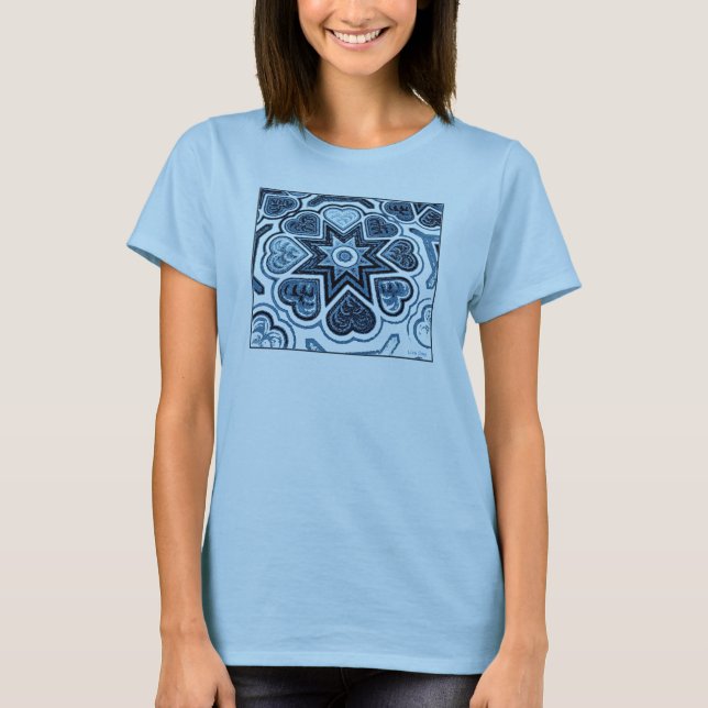 Blue FolkArt Heart Dam-shirt Tee (Framsida)