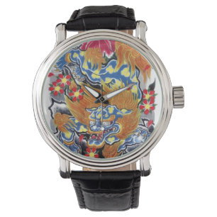 Blue Foo Hund Japansk tattodesign Armbandsur
