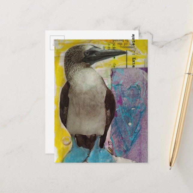 Blue Footed Bird mixed media collage Vykort (Fram/Back In Situ)