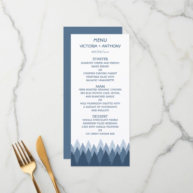 Blue Forest Range Woodland Bröllop Menu Meny (Fram/Back In Situ)