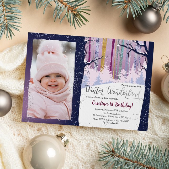 Blue Forest Winter Wonderland Girls Birthday Photo Inbjudningar (Skapare uppladdad)