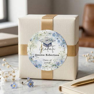 Blue Forget Me Not Watercolor Graduation Cap Runt Klistermärke