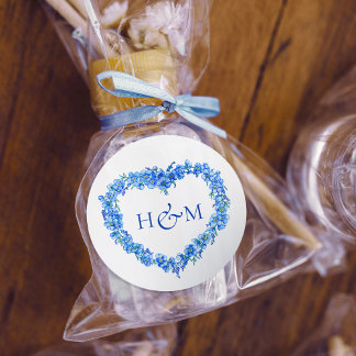 Blue forget me nots inked art wedding monogram runt klistermärke