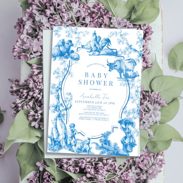 Blue Fransk Land Farm Animal Boy Shower Baby Showe Inbjudningar (Skapare uppladdad)