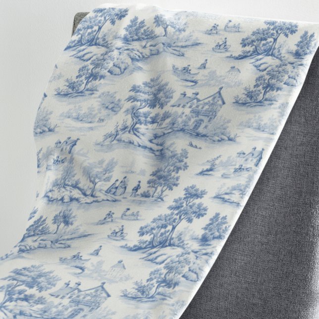 Blue Fransk Stil Toile de Jouy Romantic Elegant Fleecefilt (Explore Stylish Blue Toile de Jouy French Vintage Elegance for Classic Home Decor.)