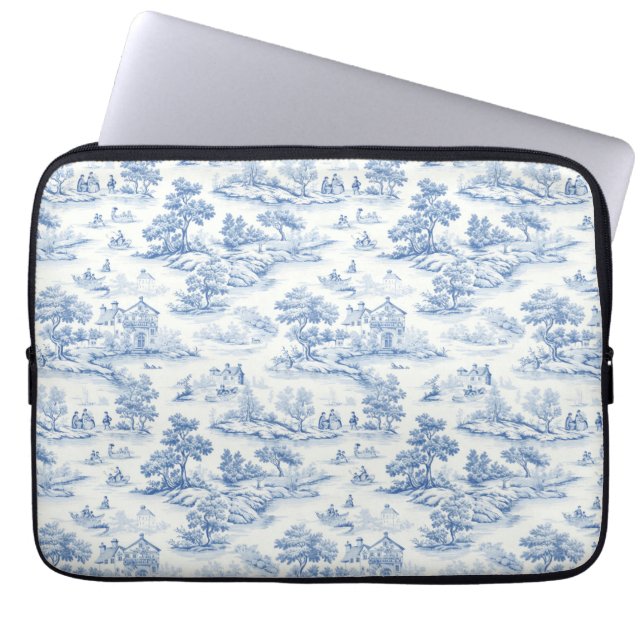 Blue Fransk Stil Toile de Jouy Romantic Elegant Laptop Fodral (Framsidan)
