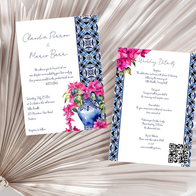 Blue Fransk Tiles Bougainvillea elegant bröllop Inbjudningar (Blue French Mediterranean Tiles Bougainvillea elegant all in one wedding Invitation template digital)