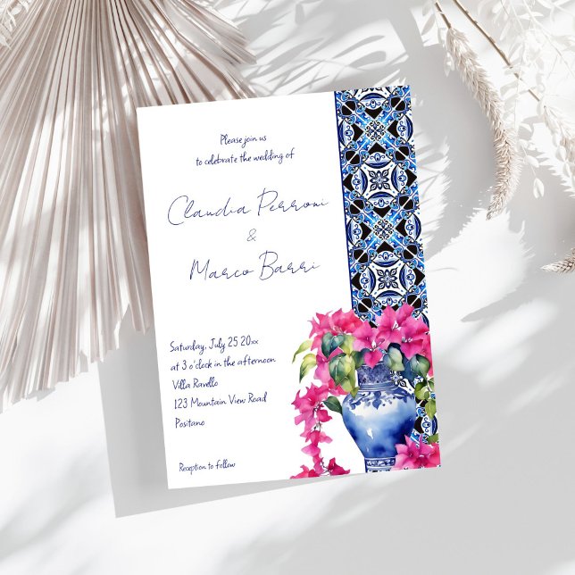 Blue Fransk Tiles Bougainvillea elegant bröllop Inbjudningar (Blue French Azulejo Talavera Tiles Bougainvillea in ceramic vase elegant wedding Invitation template)