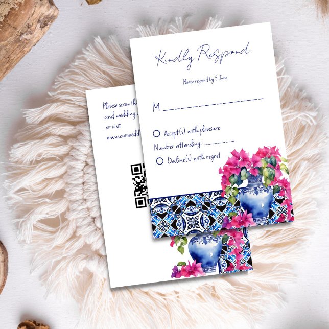 Blue Fransk Tiles Bougainvillea elegant bröllop OSA Kort (Blue French Tiles Bougainvillea elegant wedding RSVP Card)