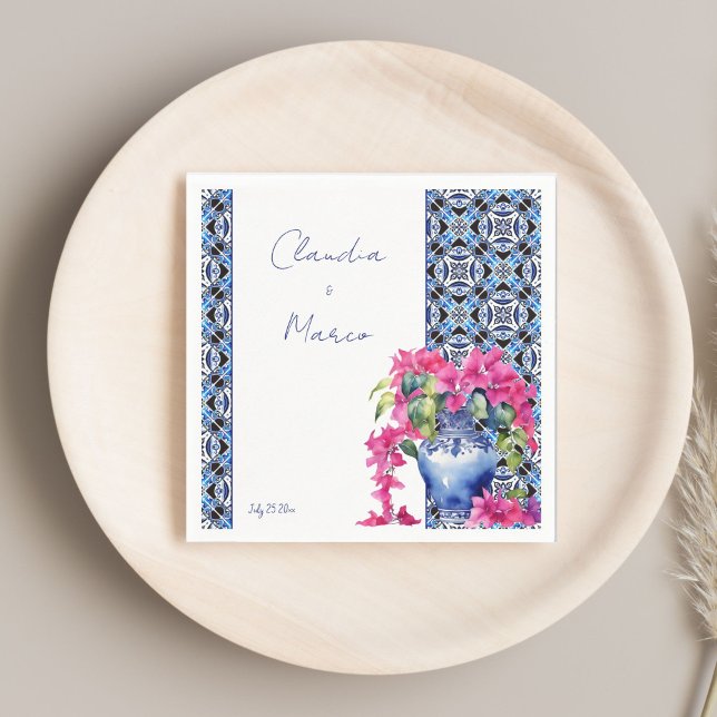 Blue Fransk Tiles Bougainvillea elegant bröllop Pappersservett (Blue French Tiles Bougainvillea elegant wedding printed Napkins template personalized tableware deco)
