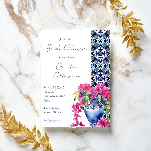 Blue Fransk Tiles Bougainvillea möhippa Inbjudningar (Blue French Mediterranean Tiles Bougainvillea ceramic vase bridal shower Invitation template digital)