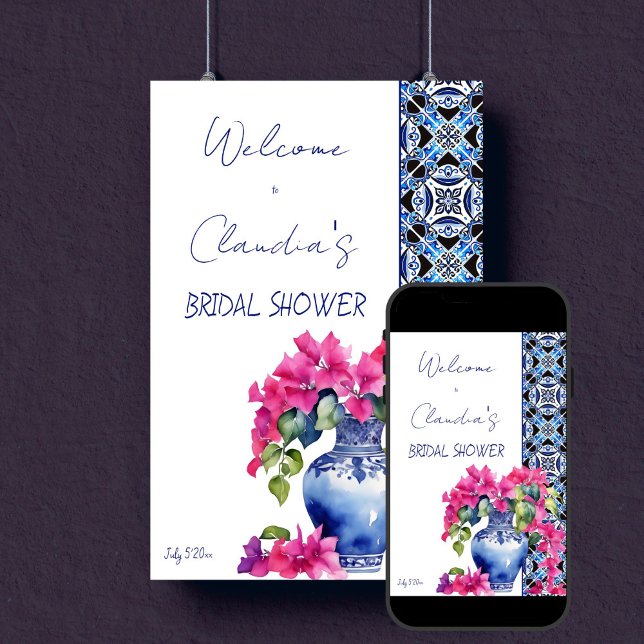 Blue Fransk Tiles Bougainvillea möhippa Poster (Blue French Maiolica Tiles Bougainvillea Mediterranean bridal shower welcome sign Poster template)