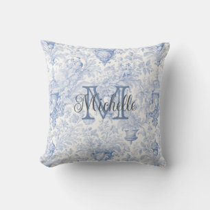 Blue Fransk Toile de Jouy Monogram Initial Namn Kudde