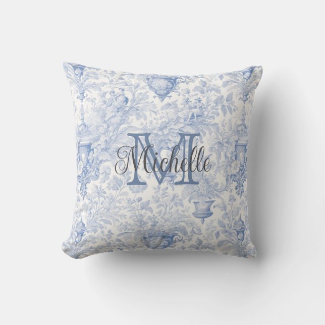 Blue Fransk Toile de Jouy Monogram Initial Namn Kudde (Framsida)