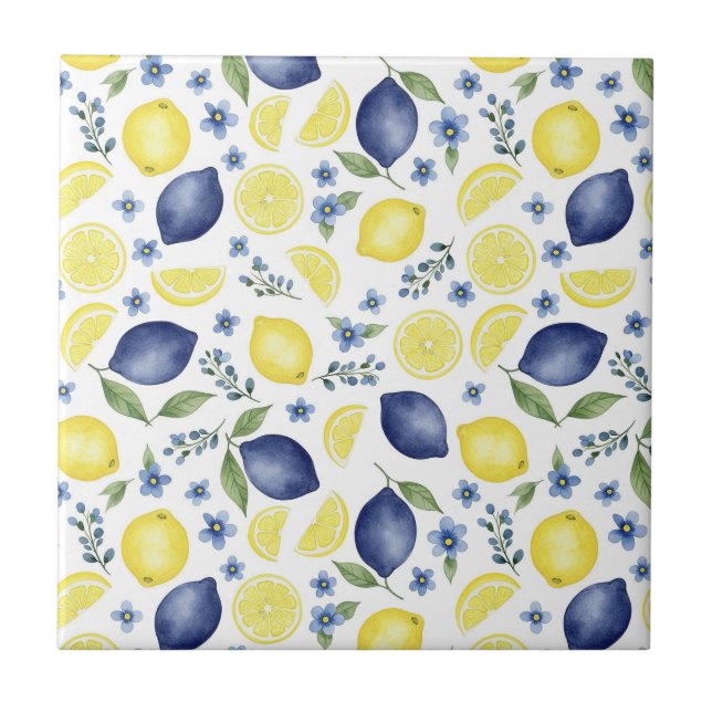 Blue French Country Lemon Pattern Kakelplatta (Framsidan)