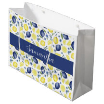 Blue French Country Lemon Pattern Monogram Name 