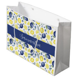 Blue French Country Lemon Pattern Monogram Name