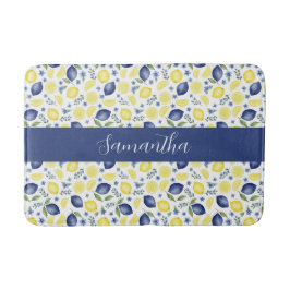 Blue French Country Lemon Pattern Monogram Name Badrumsmatta