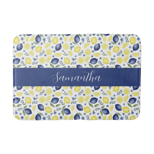 Blue French Country Lemon Pattern Monogram Name Badrumsmatta (Framsidan)