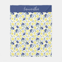 Blue French Country Lemon Pattern Monogram Name