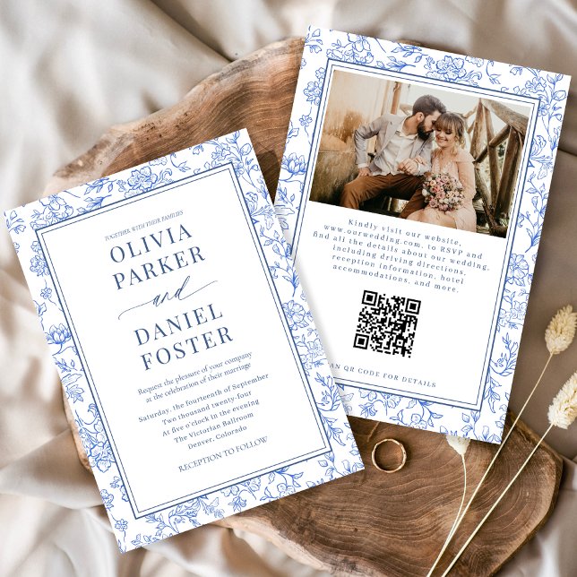 Blue French Floral Photo QR Code Toile Invitation Inbjudningar (Skapare uppladdad)