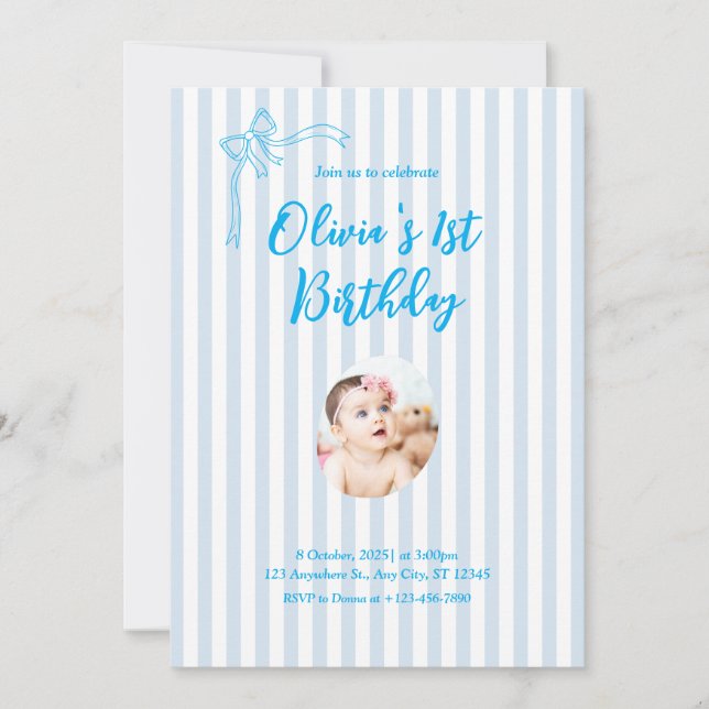 Blue French Personalized 1st Birthday Invitation Inbjudningar (Framsida)