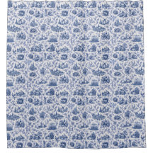 Blue French Toile Countryside Rose Branch Pattern
