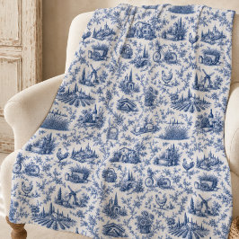 Blue French Toile Countryside Rose Branch Pattern  Fleecefilt