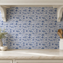 Blue French Toile Countryside Rose Branch Pattern