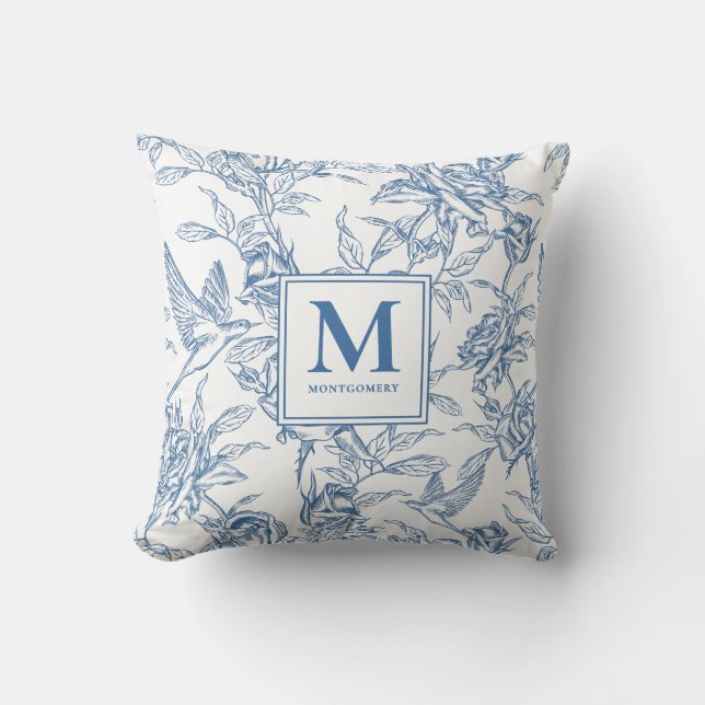 Blue French Toile Monogram Name Kudde (Framsida)