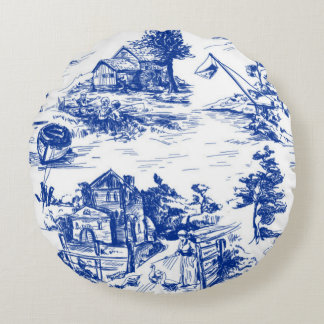 Blue French Toile  Rund Kudde