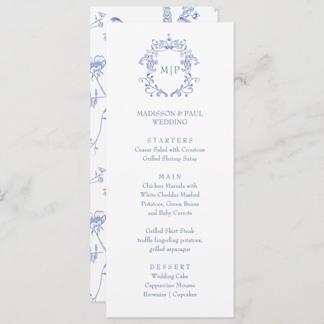 Blue French Vintage Victorian Menu  Meny (Fram/baksida)